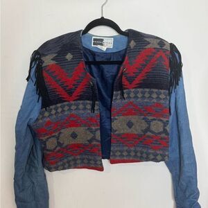 Vintage Rhonda Stark Southwestern Wool Blend and Denim Jacket With Fringe Large